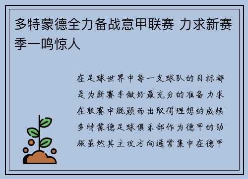 多特蒙德全力备战意甲联赛 力求新赛季一鸣惊人