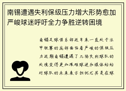 南锡遭遇失利保级压力增大形势愈加严峻球迷呼吁全力争胜逆转困境