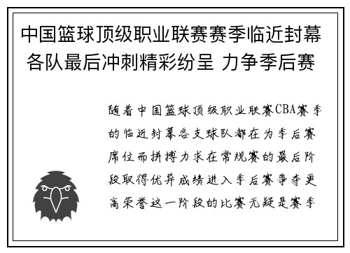 中国篮球顶级职业联赛赛季临近封幕 各队最后冲刺精彩纷呈 力争季后赛席位
