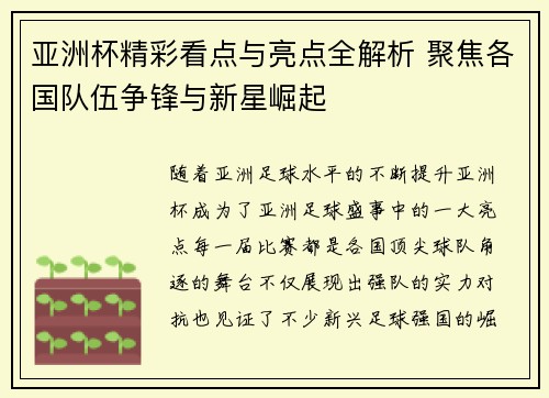 亚洲杯精彩看点与亮点全解析 聚焦各国队伍争锋与新星崛起