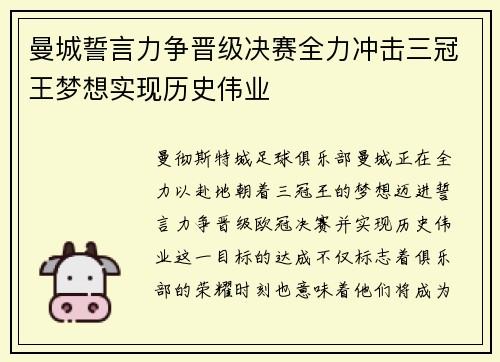 曼城誓言力争晋级决赛全力冲击三冠王梦想实现历史伟业