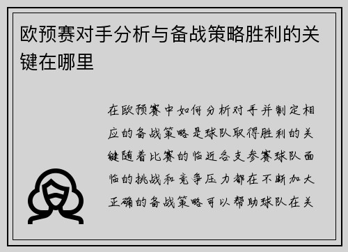 欧预赛对手分析与备战策略胜利的关键在哪里