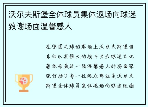 沃尔夫斯堡全体球员集体返场向球迷致谢场面温馨感人
