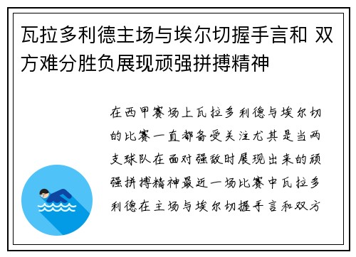 瓦拉多利德主场与埃尔切握手言和 双方难分胜负展现顽强拼搏精神