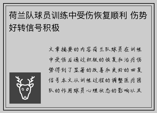 荷兰队球员训练中受伤恢复顺利 伤势好转信号积极