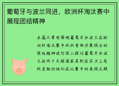 葡萄牙与波兰同进，欧洲杯淘汰赛中展现团结精神