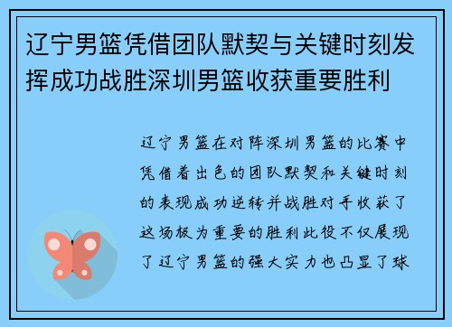 辽宁男篮凭借团队默契与关键时刻发挥成功战胜深圳男篮收获重要胜利